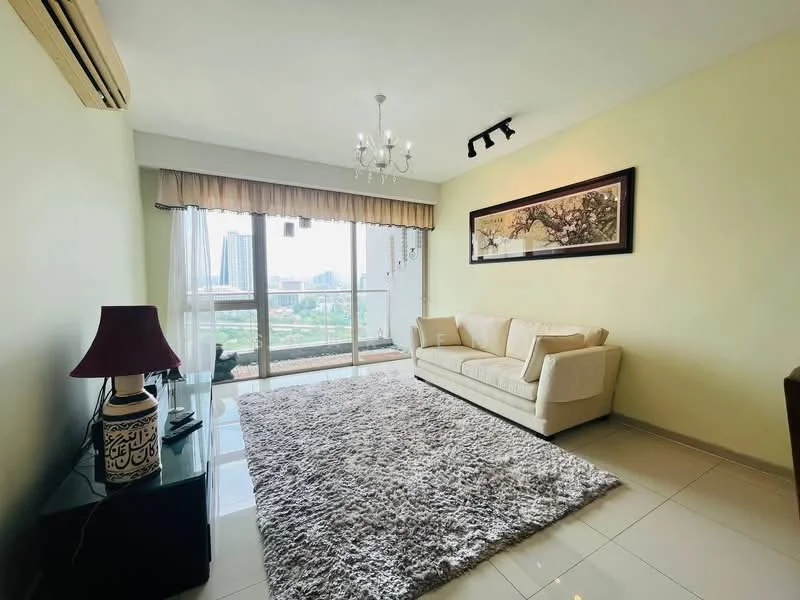 Living features: cream painted walls, white ceiling, chandelier, recessed downlights, floor-to-ceiling windows, sliding glass door, beige fabric sofa, area rug with shaggy texture, TV console, decorative lamp, city view; style: modern; view: city.