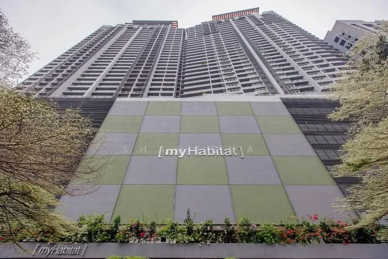 Exterior type: high-rise condominium; features: glass curtain wall, green and grey painted facade, recessed balconies, landscaped garden at base, surrounded by mature trees; style: modern.