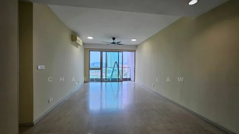 Living features: cream painted walls, polished concrete flooring, 5-blade ceiling fan, recessed downlights, floor-to-ceiling windows, sliding glass door, city view, air conditioning unit; style: modern; view: city.