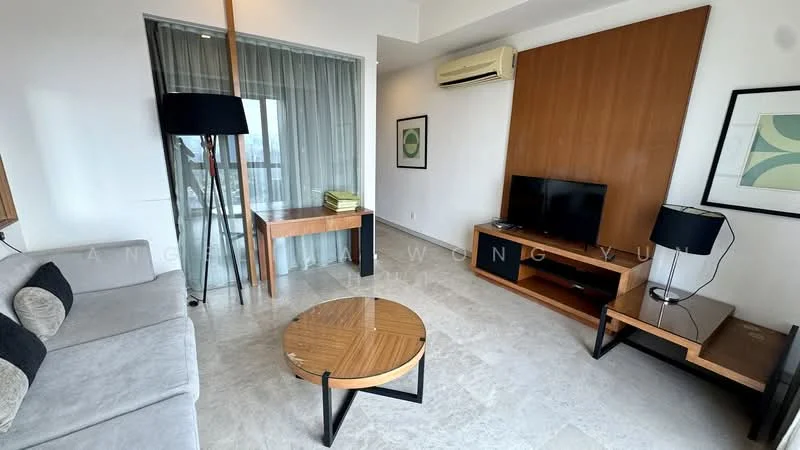 Living features: grey fabric sofa, round wooden coffee table, wall-mounted TV, wooden TV console, glass window with sheer curtains, air conditioning unit, decorative wall art, light-colored marble flooring; style: modern; view: city.