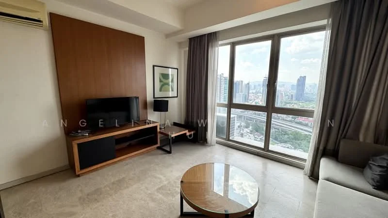 Living features: floor-to-ceiling windows, grey curtains, light-coloured sofa, wooden coffee table, TV console, wall-mounted TV, decorative artwork, cream tiled flooring, air conditioning unit, wood panel accent wall; style: modern; view: city.