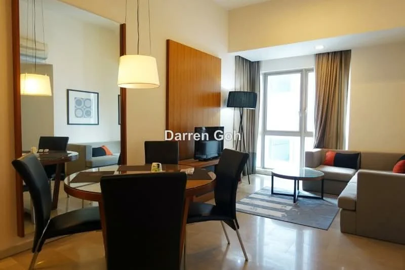 Living features: 3-seater fabric sofa in light grey, 2 black upholstered dining chairs, round dining table, pendant lamp, floor lamp, wall-mounted artwork, curtains, marble flooring, glass window, area rug with geometric pattern, wood panel accent wall, TV console; style: modern.