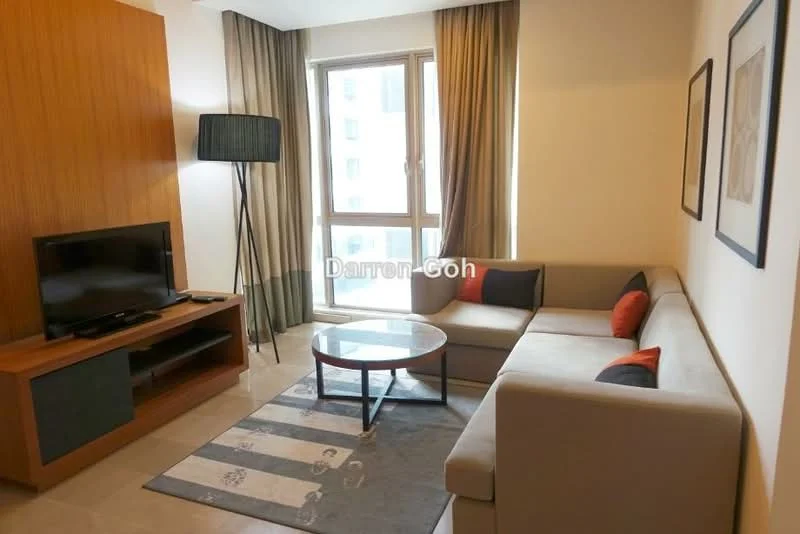 Living features: light grey fabric sofa, coffee table with round glass top, TV console with wooden finish, wall-mounted TV, area rug with geometric pattern, floor lamp with black shade, curtains in neutral tones, large windows with city view, decorative wall art, accent cushions in orange and black; style: modern; view: city.