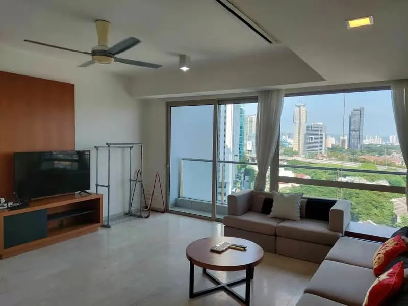 Living features: 3-seater fabric sofa in light grey, 2-seater fabric sofa in beige, wooden coffee table, TV console with storage, wall-mounted TV, ceiling fan with light, floor-to-ceiling windows, sliding glass door, curtains, marble flooring, decorative cushions, wall-mounted coat rack, view of city skyline; style: modern; view: city.