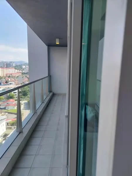 Room features: balcony, glass railing, tiled flooring, city view, overhead lighting, exterior wall, sliding glass door, concrete ceiling; style: modern; view: city.