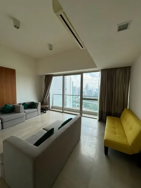 Living features: floor-to-ceiling windows, grey fabric 3-seater sofa, yellow fabric 2-seater sofa, light-colored walls, marble flooring, curtains, air conditioning unit, decorative cushions; style: modern; view: city.