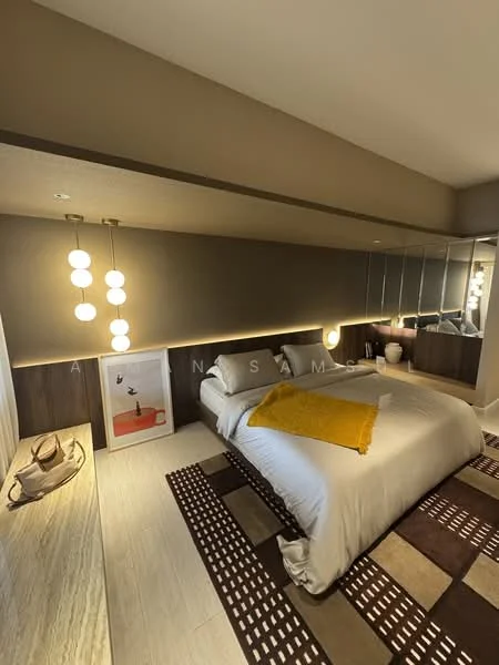 Bedroom features: king-size bed with white bedding, yellow throw blanket, wooden bedside table, framed artwork on the floor, built-in wardrobe with mirrored doors, recessed lighting, pendant light fixture, textured area rug with geometric pattern, cream painted walls, wooden flooring; style: modern.