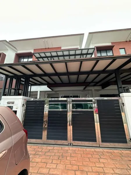 Exterior type: linked terrace house; features: covered car porch with metal roofing, sliding metal gates, brick facade, two-storey structure, paved driveway, modern architectural design, glass panels on porch roof, front garden area; style: modern.