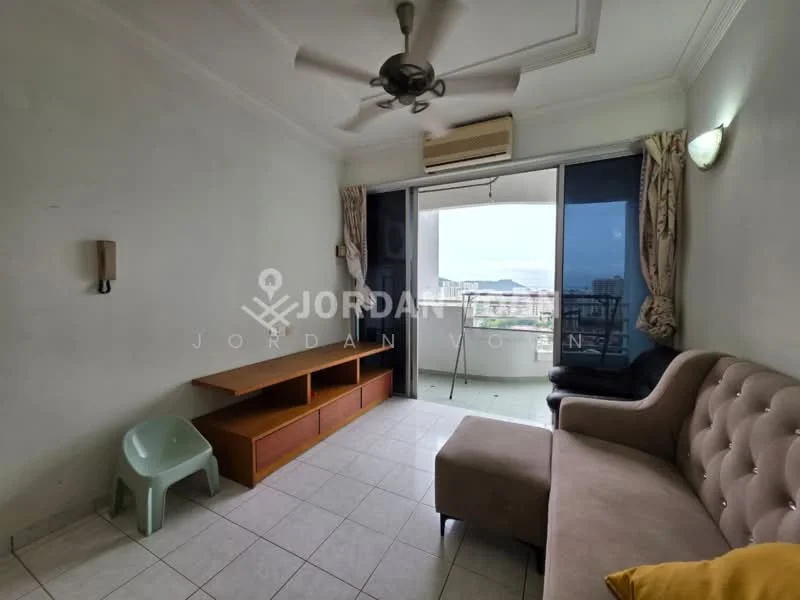 Living features: 5-blade ceiling fan with light, cream painted walls, tile flooring, sofa with upholstery, wooden TV console, balcony door, curtains, wall-mounted light fixture; style: modern; view: city.