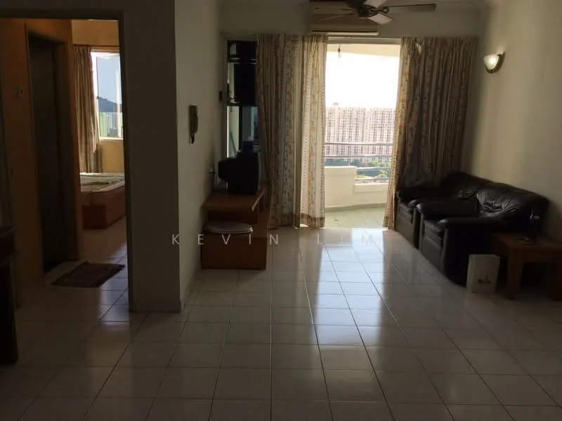 Living features: white painted walls, ceramic tile flooring, 5-blade ceiling fan, sofa in dark brown leather, coffee table, TV console, floor-to-ceiling windows, curtains with floral pattern, balcony view, decorative wall sconce; style: modern; view: city. Room features: white painted walls, ceramic tile flooring, doorway leading to another room.