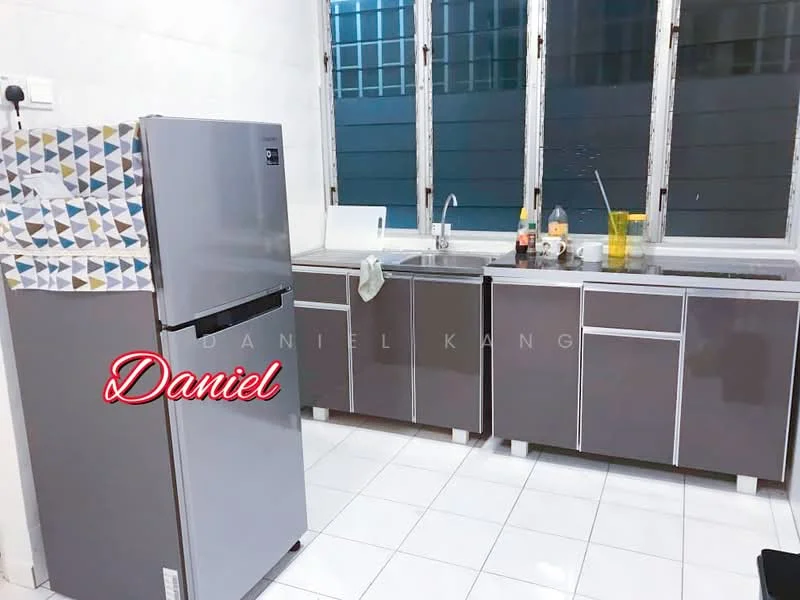 Kitchen features: stainless-steel fridge, grey cabinetry, double-bowl stainless-steel sink, chrome pull-down faucet, white tiled backsplash, white tiled flooring, window with metal grilles, countertop with storage underneath; style: modern.