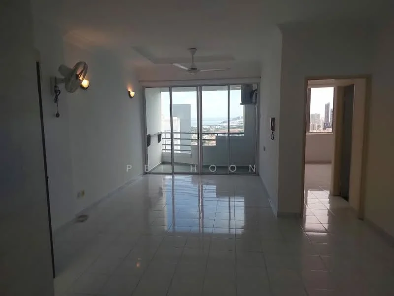 Living features: white painted walls, glossy white tile flooring, 5-blade ceiling fan, recessed downlights, floor-to-ceiling windows, sliding glass door, balcony access, air conditioning unit, wall-mounted intercom, decorative wall sconces; style: modern; view: city.