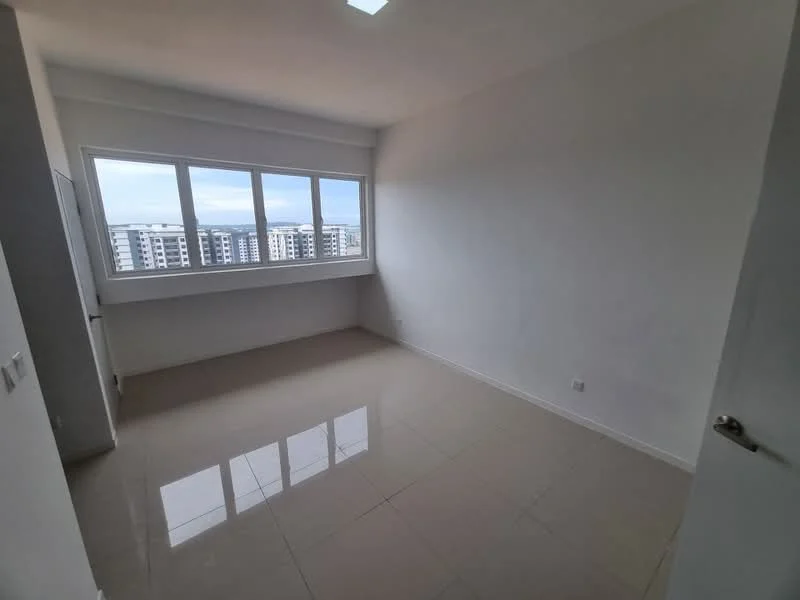 Room features: white painted walls, glossy tile flooring, large window with city view, neutral color scheme, no visible furniture, bright natural light, high ceiling, minimalist design; style: modern; view: city.
