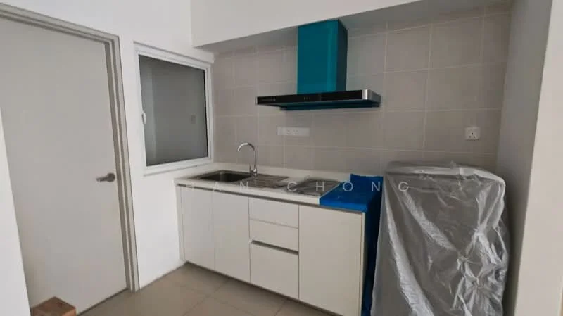 Kitchen features: white cabinetry, single-bowl stainless-steel sink, chrome pull-down faucet, blue backsplash, built-in oven, stainless-steel range hood, countertop with storage, tile flooring, window with view, appliance covered with protective wrap; style: modern.