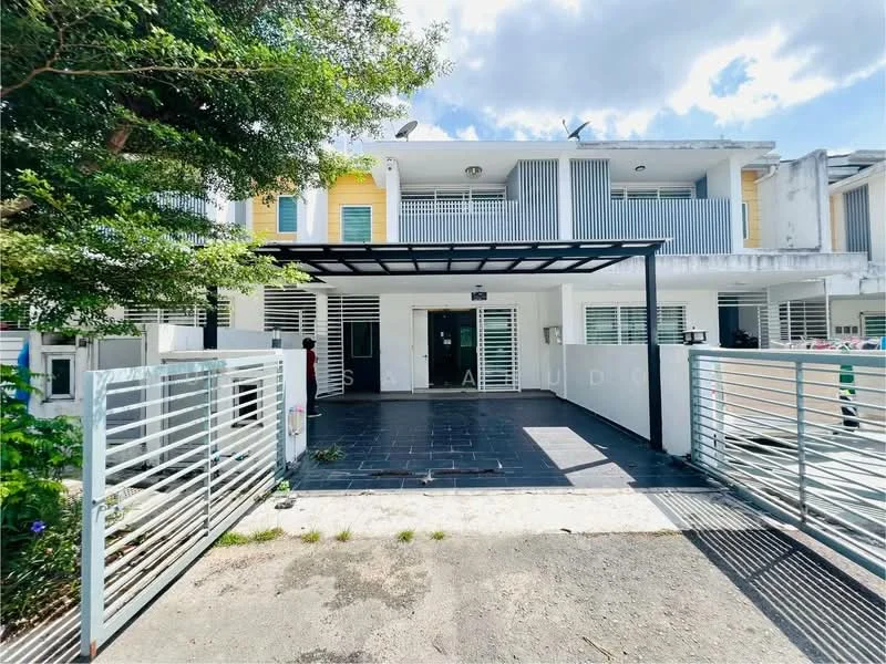 Exterior type: linked terrace house; features: white painted facade, yellow accent panels, metal gate, covered car porch, slate tile flooring, manicured landscaping, front garden with shrubs, horizontal metal railing, multiple windows with grilles, two-storey structure, flat roof, driveway with interlocking pavers; style: modern.