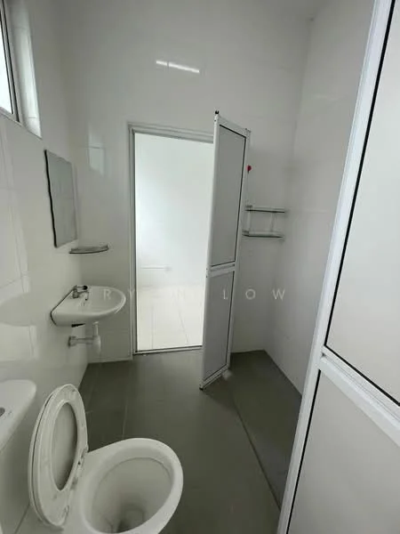 Bathroom features: white tiled walls, grey ceramic tile flooring, one-piece toilet, wall-mounted sink, mirror above sink, sliding door, shelf unit, natural light from window; style: modern.