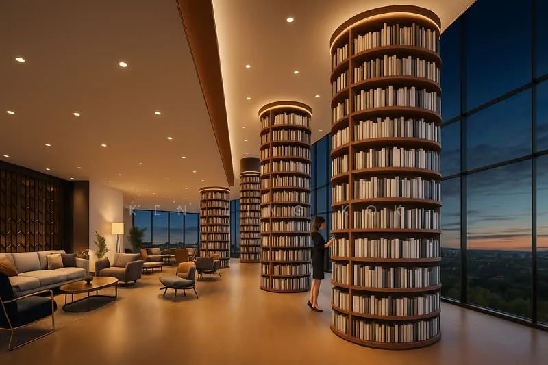 Room features: floor-to-ceiling windows, wooden bookshelves with books, sofa in light fabric, accent chairs, coffee table, recessed lighting, wood paneling on walls, neutral color flooring, decorative lighting around bookshelves; style: modern; view: city.