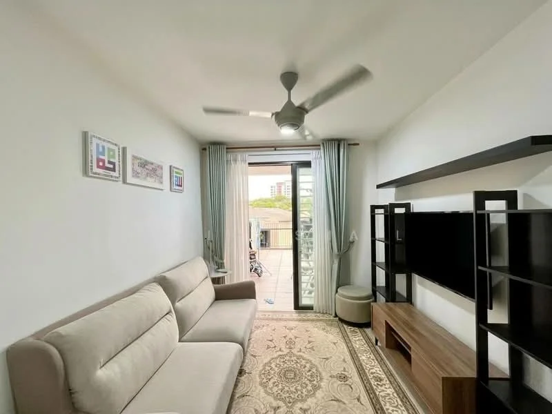 Living features: light grey fabric sofa, area rug with intricate pattern, wall-mounted TV, wooden TV console, black shelving unit, 5-blade ceiling fan with light, floor-to-ceiling sliding glass door, sheer curtains, decorative wall art, neutral painted walls; style: modern; view: garden.