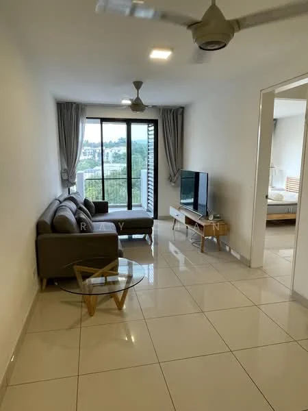 Living features: grey fabric sofa, glass coffee table with wooden legs, floor-to-ceiling windows, curtains, wall-mounted TV, white painted walls, recessed downlights, polished tile flooring, ceiling fan with light; style: modern; view: city.