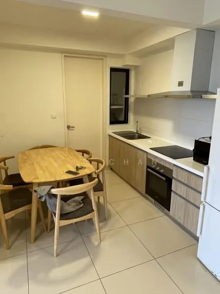 Kitchen features: light wood cabinetry, white countertop, stainless-steel sink, chrome pull-down faucet, built-in oven, electric cooktop, microwave, dining table with light wood finish, 4 wooden dining chairs, tile flooring, wall-mounted cabinets, window above sink; style: modern.