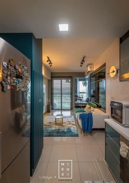 Kitchen features: stainless-steel fridge, built-in microwave, ceramic tile flooring, white painted walls, recessed downlights, kitchen island, blue cabinetry, open shelving, decorative wall art, area rug with geometric pattern, floor-to-ceiling windows, sliding glass door, greenery view; style: modern; view: garden. Living features: sofa with cushions, coffee table, TV console, wall-mounted TV, decorative throw blanket, area rug, potted plants; style: modern; view: garden.