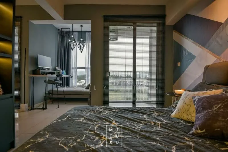 Bedroom features: king-size bed with patterned bedding, grey upholstered headboard, decorative pillows, floor-to-ceiling windows, blackout curtains, marble tile flooring, wall-mounted bedside lamp, decorative wall with geometric pattern, study desk with chair, computer monitor on desk, wall-mounted shelving unit, decorative wall art; style: modern; view: city.