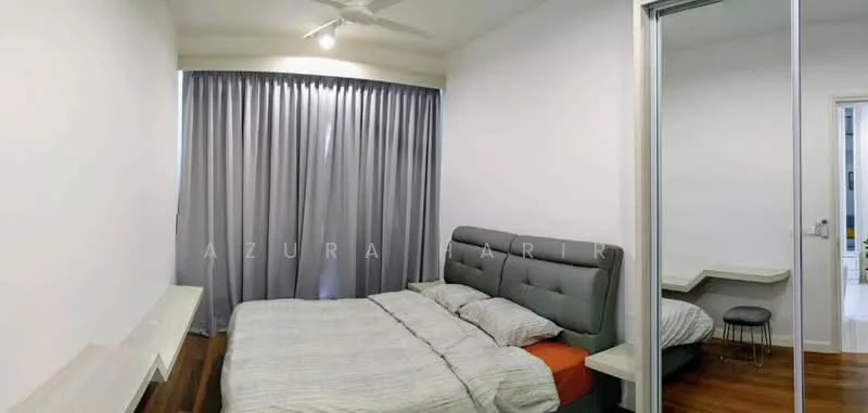 Bedroom features: queen-size bed with grey upholstered headboard, grey bedding, wooden flooring, floor-to-ceiling windows with sheer grey curtains, ceiling fan, built-in wardrobe with mirrored doors, wall-mounted shelf, study desk with chair; style: modern.