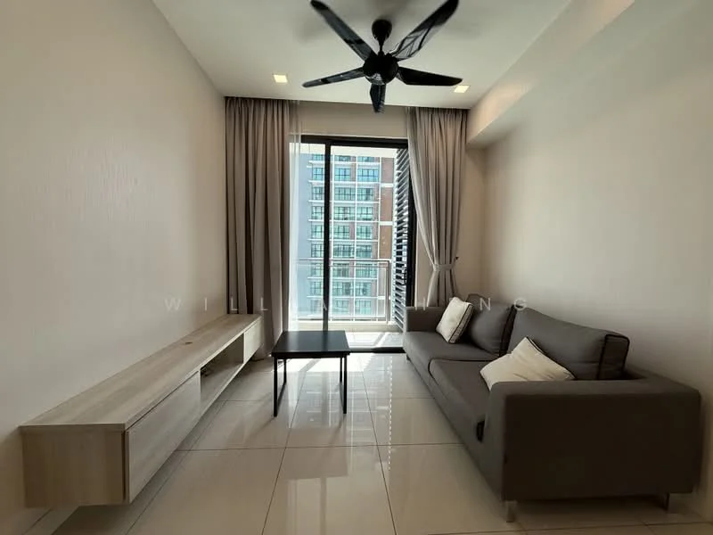 Living features: grey fabric sofa, coffee table, wall-mounted TV console, floor-to-ceiling windows, curtains, white painted walls, glossy tile flooring, ceiling fan with light; style: modern; view: city.