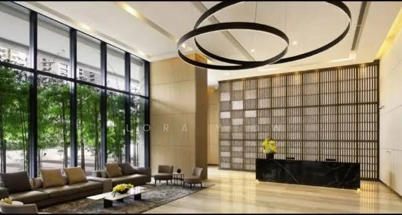 Lobby features: large floor-to-ceiling windows, wood paneling on walls, marble flooring, modern chandelier, reception desk with black stone finish, upholstered sofas in neutral tones, coffee tables with floral arrangements, decorative wall with wooden slats, indoor plants visible through windows, ambient lighting, high ceiling with recessed lights; style: modern; view: garden.