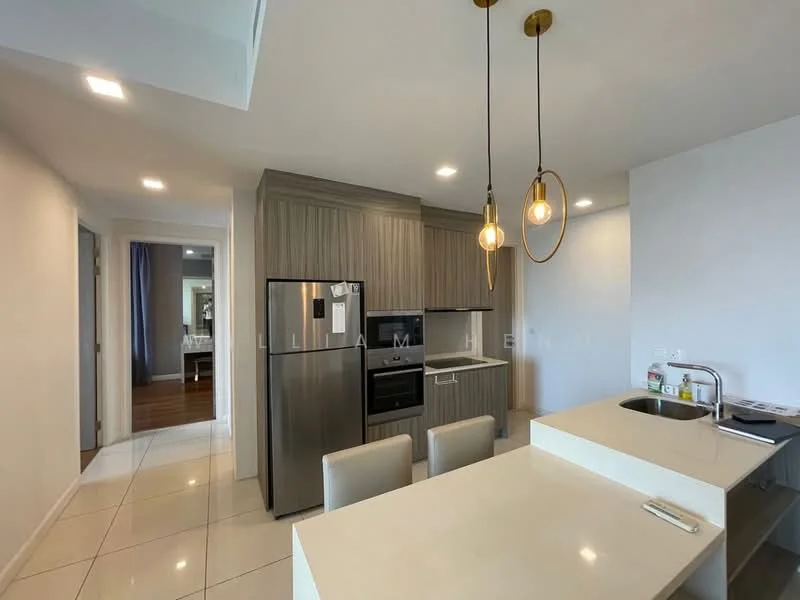 Kitchen features: white quartz countertop, stainless-steel sink, chrome pull-down faucet, grey flat-panel cabinets, built-in oven, freestanding range oven, stainless-steel side-by-side fridge, pendant lights, tile flooring, recessed downlights, open layout, bar seating with three stools; style: modern. Room features: white painted walls, tile flooring, doorway leading to hallway.