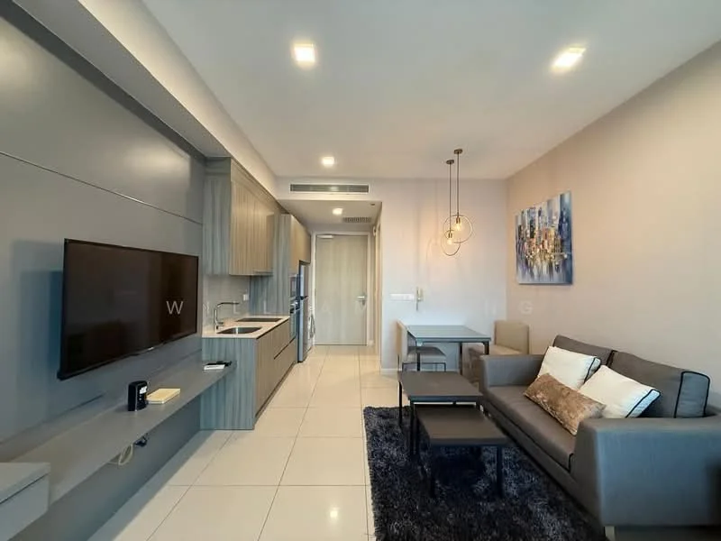 Living features: grey fabric sofa, coffee table, wall-mounted TV, entertainment unit, recessed LED downlights, area rug with geometric pattern, dining table for two, pendant light fixture, white painted walls, tile flooring; style: modern. Kitchen features: stainless-steel fridge, built-in oven, ceramic cooktop, grey cabinetry, white countertop, sink with faucet, microwave, open shelving; style: modern.