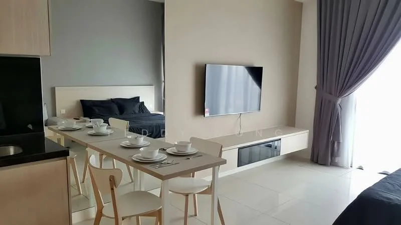 Living features: grey accent wall, beige painted wall, white tiled flooring, wall-mounted TV, TV console, dining table with 4 chairs, black bed with bedding, floor-to-ceiling windows with sheer curtains, decorative wall shelf, recessed lighting; style: modern.