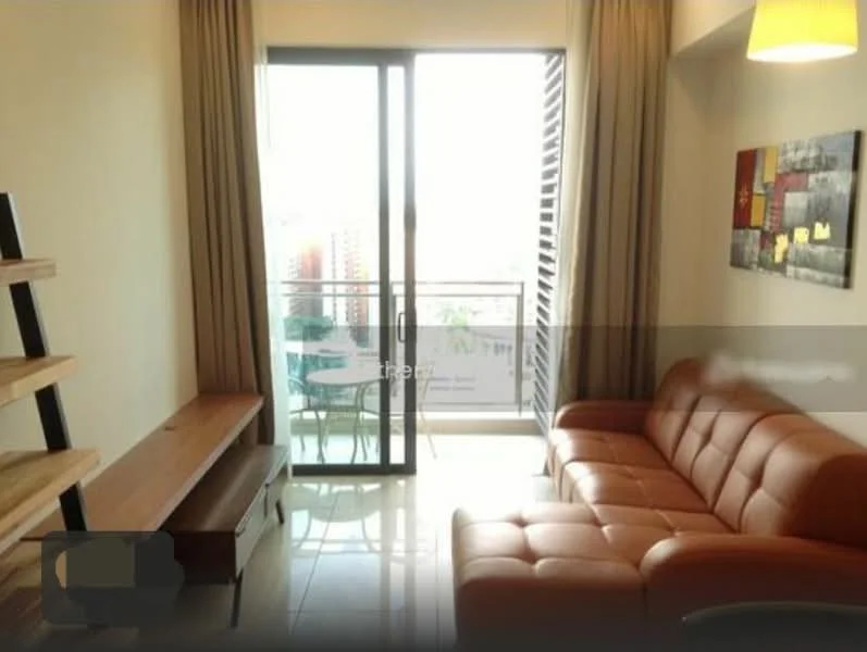 Living features: brown leather sofa, wooden coffee table, open shelving unit, floor-to-ceiling windows, sheer curtains, tile flooring, wall-mounted artwork, recessed ceiling light; style: modern; view: city.