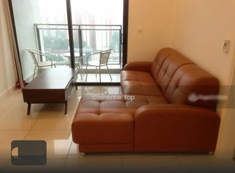 Living features: brown leather sectional sofa, coffee table, floor-to-ceiling windows, sliding glass door, tile flooring, white painted walls, balcony view, outdoor seating with metal chairs; style: modern; view: city.