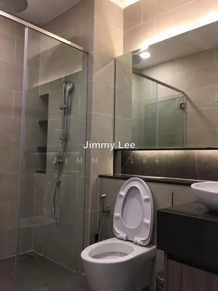 Bathroom features: walk-in shower with glass enclosure, chrome handheld shower, modern toilet, single-sink vanity with wood cabinet, round vessel sink, mirror above sink, tile cladding on walls, recessed downlights; style: modern.