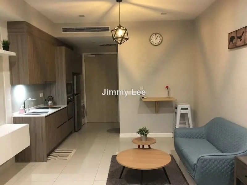 Living features: light grey fabric sofa, round wooden coffee table, wall-mounted clock, wooden wall shelf, white wall, recessed ceiling lights, kitchenette with wooden cabinetry, stainless-steel sink, built-in oven, front-load washing machine, white tiled flooring; style: modern.