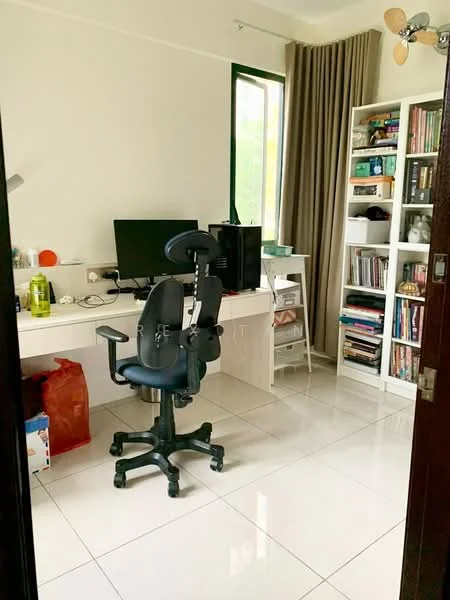 Study features: white painted walls, glossy tile flooring, large window with green frame, beige curtains, desk with white surface, black office chair, computer monitor, bookshelf with various books and items, plastic storage drawers, decorative items on shelves, power outlet on wall; style: modern.