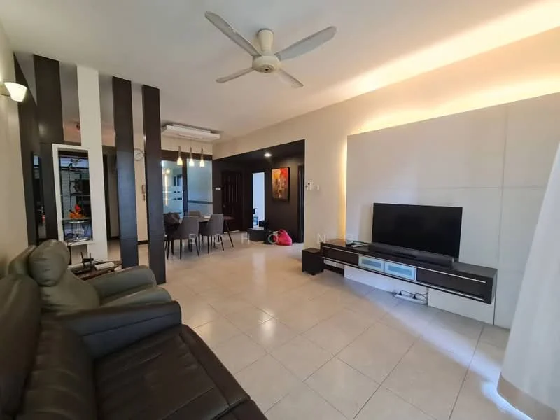 Living features: 3-seater leather sofa in dark brown, ceiling fan with light, wall-mounted TV, TV console with storage, cream tiled flooring, recessed lighting, decorative wall with vertical stripes, open layout to dining area, large window with sheer curtains; style: modern. Dining features: 6-seater dining table, upholstered dining chairs, pendant lighting above dining table; style: modern.