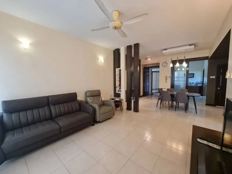 Living features: 3-seater leather sofa in dark grey, recliner chair in beige, ceiling fan with light, wall-mounted TV, coffee table, tile flooring, white painted walls, decorative wall sconces, open layout, dining area visible in background, large windows allowing natural light; style: modern.