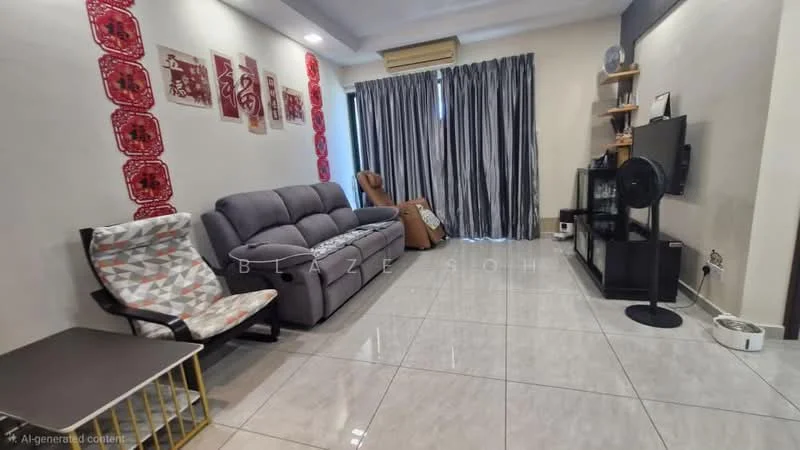 Living features: grey fabric 3-seater sofa, beige recliner chair, black TV console, wall-mounted TV, white ceramic floor tiles, grey curtains, decorative wall art, black standing fan, coffee table with gold accents, area rug; style: modern.