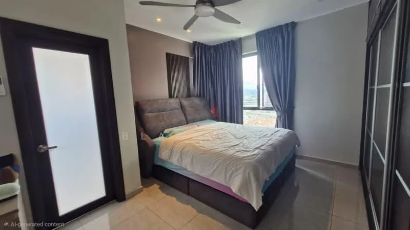 Bedroom features: king-size bed, upholstered headboard, bedside lamps, floor-to-ceiling window, grey curtains, cream painted walls, tile flooring, ceiling fan with light, built-in wardrobe with sliding doors, decorative wall paneling; style: modern; view: city.
