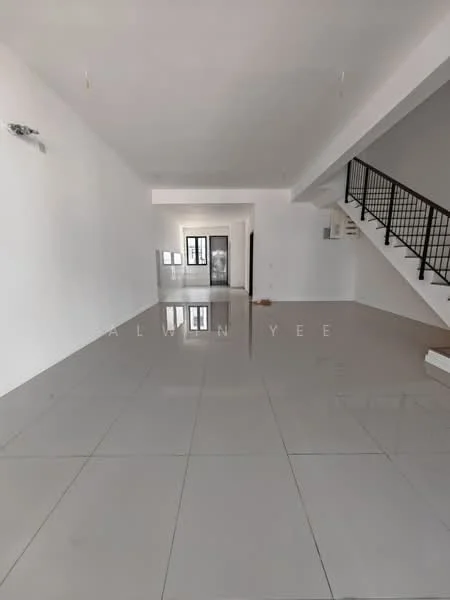 Room features: white painted walls, glossy ceramic tile flooring, staircase with metal railing, large windows, open layout, high ceiling, no visible furniture, neutral color scheme; style: modern.