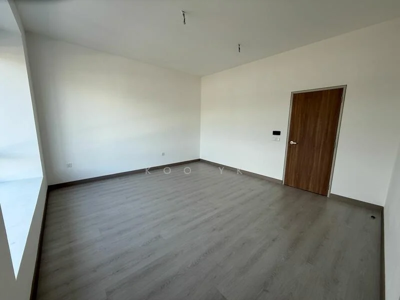 Room features: light wood laminate flooring, white painted walls, single wooden door, two ceiling light fixtures, large window opening, no visible furniture or decor; style: modern.