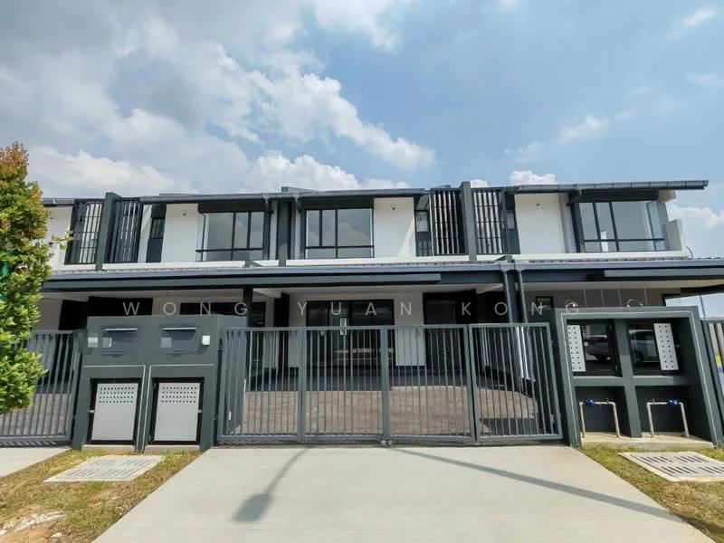 Exterior type: linked terrace house; features: two-storey building, grey and white painted facade, metal railing on balconies, gated entrance, paved driveway, front garden area, multiple windows, modern architectural design; style: modern.