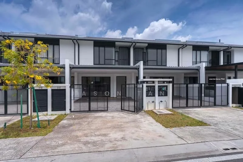 Exterior type: linked terrace house; features: white painted facade, flat roof, two-storey building, manicured lawn, paved driveway, fenced front yard, glass sliding doors, balconies on upper floor, modern architectural design, visible entrance gate, landscaped garden area; style: modern.