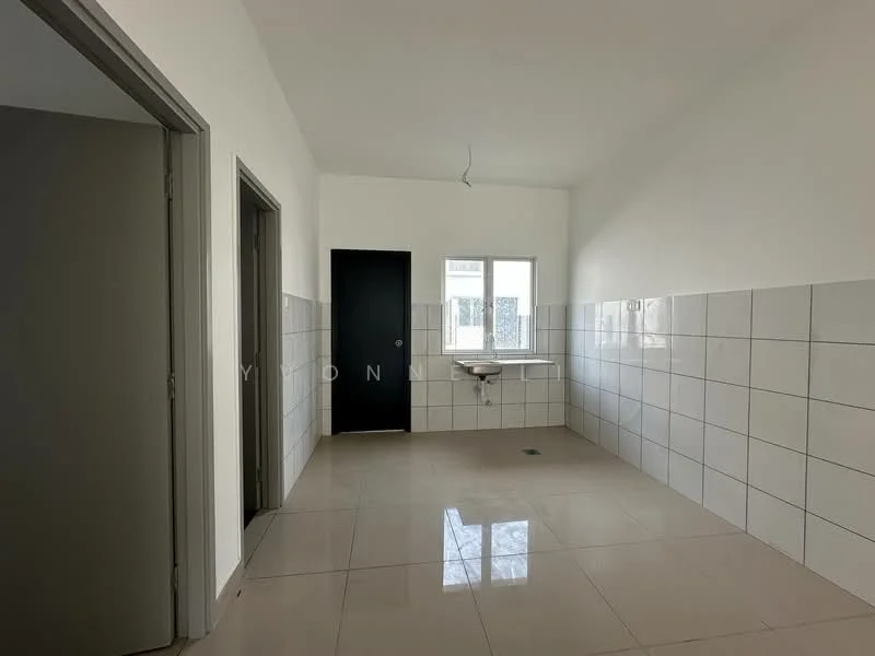 Room features: white painted walls, glossy ceramic tile flooring, single-bowl sink, window with natural light, doorway to adjacent rooms, wall tiles up to waist height, ceiling light fixture, no visible appliances or furniture; style: modern.