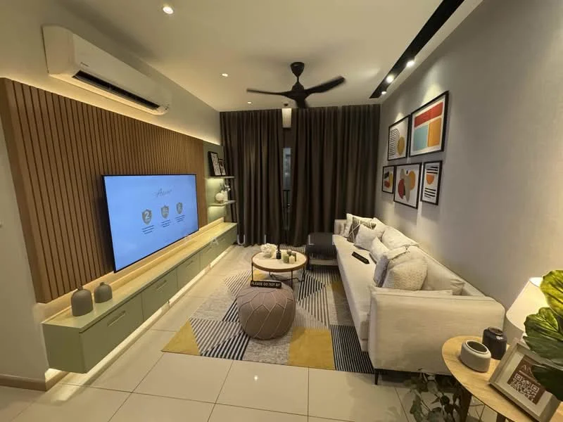 Living features: 3-seater fabric sofa in white, coffee table with round shape, TV console with storage, wall-mounted TV, decorative wall paneling in wood, area rug with geometric pattern, ceiling fan with light, recessed LED downlights, curtains in dark grey, framed artwork on walls, decorative plants in pots; style: modern.