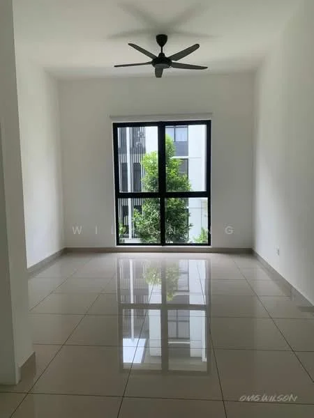 Room features: white painted walls, glossy ceramic tile flooring, 5-blade ceiling fan, floor-to-ceiling windows, black window frames, natural light, view of greenery, no visible furniture; style: modern; view: garden.