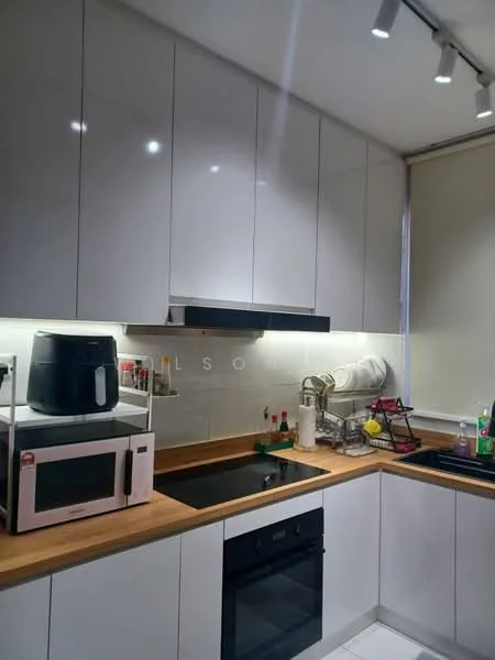 Kitchen features: white high-gloss cabinetry, wood countertop, black built-in oven, black cooktop, stainless-steel sink, chrome pull-down faucet, microwave, kettle, dish rack, under-cabinet lighting, ceramic tile flooring, roller blinds; style: modern.