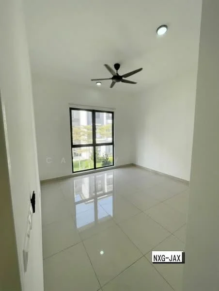 Room features: white painted walls, glossy ceramic tile flooring, 5-blade ceiling fan, recessed LED downlights, floor-to-ceiling windows, view of outdoor greenery; style: modern; view: garden.